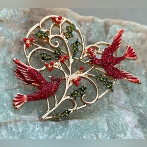 “Cardinals in Love” Holiday Heart Brooch with Holly & Red Rhinestones